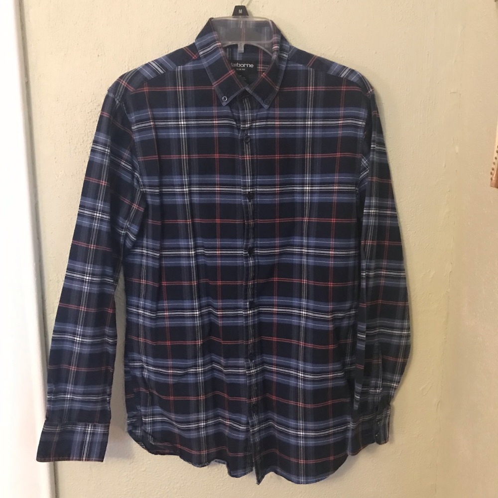 Claiborne Men’s Slim Fit Blue & Pink Plaid Medium Button Down Shirt